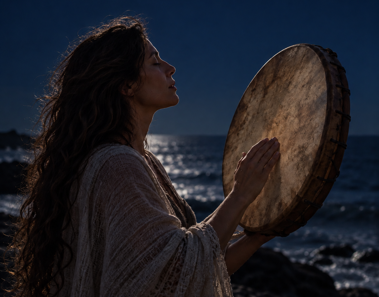 Woman playing a frame drum beside the sea at night
